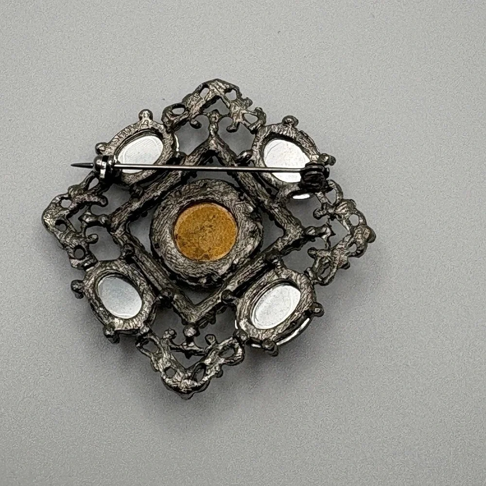 Vintage Molded Moonglow Glass Brooch AB Blue Purple Cabochon Victorian Revival